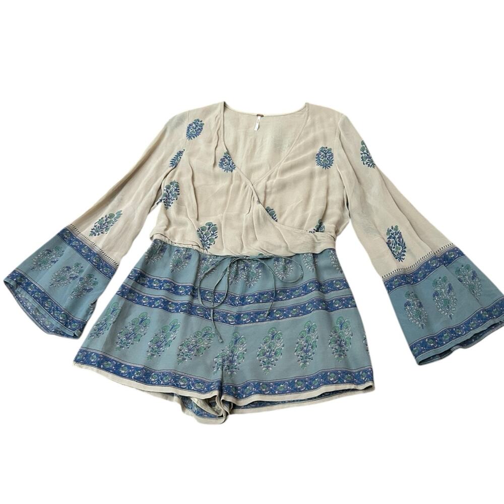 Free People Beige and Blue Printed Long-Sleeve Romper